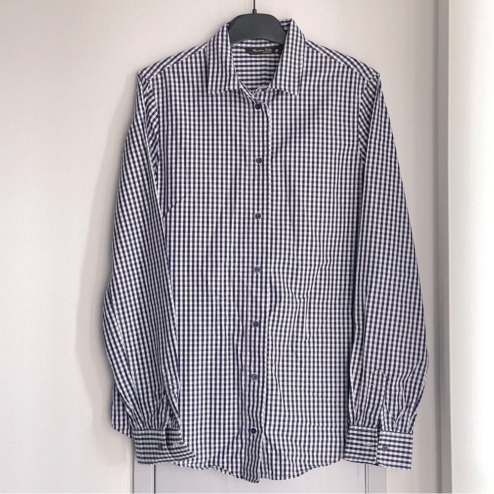 MASSIMO DUTTI Dark Purple & White Gingham Button Down Long Sleeve Shirt
